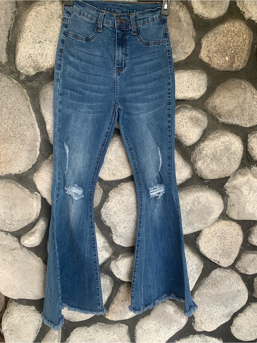 High-Rise Distressed Blue Flare Jeans